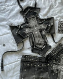 New Two Piece Sets Womens Outifits Retro Gothic Graphic Patch Y2K Clothing Denim Skirt Sets Suspender Slim Fashion Short Top