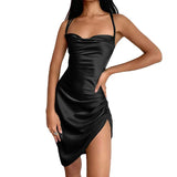 DERMEARNE Sexy Spaghetti Straps V-neck Tight Mini Dress Ladies Backless Wrinkled Sheath Wrapping Dress Latest Club Party