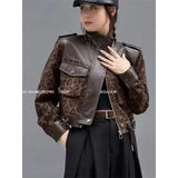 DERMEARNE Women's Fashion PU Leather Stitching Leopard Temperament Coat Women's Spring Autumn New Short Coat Casual Loose zipper Top Women