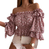 DERMEARNE Off Shoulder Summer Ladies Multi-layer Top Colorful Pleated Autumn Blouse Fashion Women Ruffles Long Sleeve Shirt for Beach
