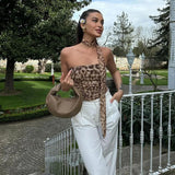 DERMEARNE Women Tulle Leopard Print Top with Bandeau Off-the-shoulder Straight-cut Neckline Summer Casual Girls for Summer Blouse