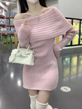 Women's Sweater Dress Off-Shoulder Knitted Mini Bodycon Dress Long Sleeve Knit Dress Solid Color Pullover Cocktail Party Pink