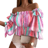 DERMEARNE Off Shoulder Summer Ladies Multi-layer Top Colorful Pleated Autumn Blouse Fashion Women Ruffles Long Sleeve Shirt for Beach