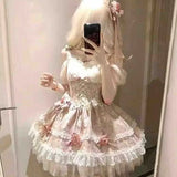 DERMEARNE Sweet Princess Elegant Woman Party Dress Y2k Lolita Chic Bow Fairy Vintage Dress Slim Waist Lace Bandage Outfits French Summer