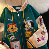 Color Block Vintage Cute Cartoon Print Zip Up Hoodies Women Kawaii Spring Clothes Sweatshirt Jackets Coats Oversized Teens