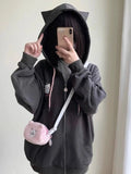 Gray Solid Harajuku Hoodies Women Japanese Style Y2k Cuteore Soft Girl Cartoon Embroidery Zipper Hoodes Sweatshirt 2024