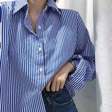 DERMEARNE Women Shirt Blouse Blue Vertical Striped Shirt Women's Autumn Clothing Loose Long Sleeve Shirt Blusas Mujer