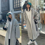 Casual Grey Oversize Zip up Hoodies Women Autumn Winter Fleece Thicken Loose Long Sleeve Hooded Sweatshirt Long Cardigan Coats