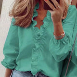 DERMEARNE 2025 Vintage Ruffles Women Blouses Autumn Long Sleeve Office Lady Elegant Tops Cotton Casual Tops V-neck Shirt Clothing