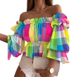 DERMEARNE Off Shoulder Summer Ladies Multi-layer Top Colorful Pleated Autumn Blouse Fashion Women Ruffles Long Sleeve Shirt for Beach