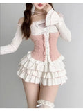 Elegant Women's Set Knitted 3 Piece Tutu Skirts Sets Y2k Crop Tops Blouse + Mini Skirts Lolita Dress Sets New In Matching Set