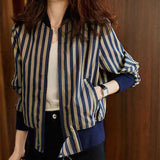 DERMEARNE Autumn Fashion Trend Stripe Round Neck Combed Cotton Short Jacket Versatile  Reducing Age and Slimming Women's Baseball Coat