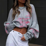 Wasteland Style Fashion Contrast Hole Sweater Women Woolen Knitted Loose Baggy Casual Hottie Crew Neck Pullovers Streetwear