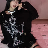 Y2K Gothic Vintage Black Women Sweater Anime Harajuku Japanese Fashion Pullovers Hole Autumn Loose Irregular Knitwear