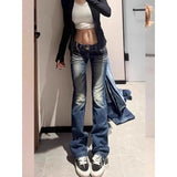 DERMEARNE Summer Y2K Fashion Retro Punk Low Waist Casual Embroidery Diamond Jeans Blue Wings Pattern Embroidered Leg Slim Pants