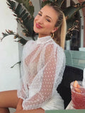 DERMEARNE Fashion Women Polka Dot Mesh Blouse Puff Long Sleeve Loose Shirts Sexy Elegant Vintage See Through Cover-ups Tops Summer Fall