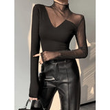 DERMEARNE Women Korean Fashion Sexy See Through Mesh Patchwork Basic T-shirt Office Lady Black Elegant Long Sleeve Slim Tops Ropa De Mujer