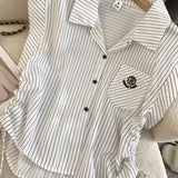 DERMEARNE Summer New Preppy Style Short Blouse Polo Neck Drawstring Lacing Striped Youth Sweet Shirt Tops Fashion Casual Women Clothing