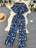 Beach Summer Floral Jumpsuits Fashion V Neck Elastic Slim Short Sleeve Streetwear Vacation Retro Long Rompers