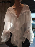 DERMEARNE Elegant Ruffle Solid Women Shirts See Through V-neck Long Lantern Sleeve Lady Top 2025 Spring Office Oversize Female Blouses