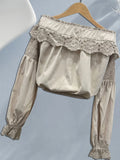 DERMEARNE Women Off Shoulder Shirt Blouse Lace Ruffle Cropped Top Lantern Sleeve Autumn Elegant Casual Retro Ethnic Sweet Blouse Shirts