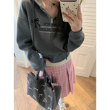 Women Cropped Hoodies Vintage Y2k Korean Style Zip Up Sweatshirts Sweet Bow Embroidery Casual Cotton Hoodies Harajuku