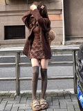 Dermearne Preppy Style Sweet New 3 Piece Set Women Vintage Elegant Knitted Skirt Suit Female Korean Fashion Plaid Casual Sets Winter