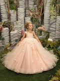 DERMEARNE Pretty Dress Pink Flower Girl Dress Princess Lace Floral Appqulies Tulle Fluffy Skirt Floor Length Ball Gowns Comuunion Party