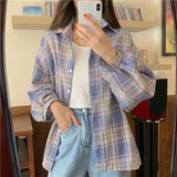 DERMEARNE Plaid Shirt Women Autumn Long Sleeve Top Female Vintage Fashion Single Breasted Blouse Ladies Preppy Style Loose Check Shirts