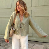 2024 Spring New Female Street Tops Green Linen Lace Up Long Sleeve For Women Fashion Chic Casual Loose V Neck Shirt