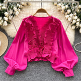 DERMEARNE 2025 New Vintage Shirts Women American Fashion Tops Casual Loose Solid V-neck Blouse Chic Lantern Long Sleeve Ruffles Tunic