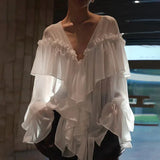 DERMEARNE Elegant Ruffle Solid Women Shirts See Through V-neck Long Lantern Sleeve Lady Top 2025 Spring Office Oversize Female Blouses