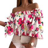 DERMEARNE Off Shoulder Summer Ladies Multi-layer Top Colorful Pleated Autumn Blouse Fashion Women Ruffles Long Sleeve Shirt for Beach