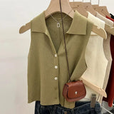 DERMEARNE Summer Chic Ice Silk Knitpolo Lapel Thin Slims You And Smooths Your Silhouette Tank Outer Wear Vest Women's Shoulder Vest No Sle