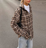 DERMEARNE Spring Autumn Vintage Plaid Checkered Shirt Women's Long Sleeve Blouse Loose Single Breasted Casual Shirt