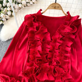 DERMEARNE 2025 New Vintage Shirts Women American Fashion Tops Casual Loose Solid V-neck Blouse Chic Lantern Long Sleeve Ruffles Tunic