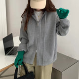 Gray Loose Hood Sweater Women Autumn Winter Fashion Korean Thickened Knitted Tops Double Zipper Hoodie Cardigan Female Y2K Coats