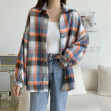 DERMEARNE Plaid Shirt Women Autumn Long Sleeve Top Female Vintage Fashion Single Breasted Blouse Ladies Preppy Style Loose Check Shirts