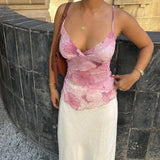 DERMEARNE Women Summer Vintage y2k Aesthetic Crop Tops Floral Print Boho Sleeveless Spaghetti Strap Mesh See Through Coquette Tanks Camis