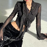 DERMEARNE Long Flare Sleeve Sexy Sweet Hot Girls Korean Blouses for Women Lace-up Mesh Fashion Style All-match Solid Design Elegant Casual