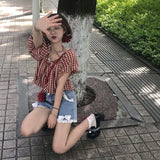 Kawaii Bow Denim Shorts Women Japanese Lace Patchwork Baggy Jean Shorts Summer Y2K Harajuku High Waist Wide Leg Short Pants New