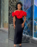 DERMEARNE Stereoscopic Gloden Flowers Sexy Off The Shoulder Ankle Lenght Bandage Dress Woman Birthday Party Vestido Wedding Party Outfit