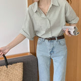 XEJ Elegant and Youth Woman Blouses Women's Clothing Spring 2023 Green Vertical Stripe Shirt Short Sleeve Chiffon Blouse Woman