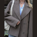 Dermearne Fashion Woolen Short Coats Women Thick Lapel Double Breasted Long Sleeve Pocket Blazer Jackets Female Autumn Lady Outwear