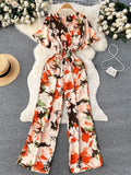 Beach Summer Floral Jumpsuits Fashion V Neck Elastic Slim Short Sleeve Streetwear Vacation Retro Long Rompers