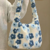 Capacity Plush Crossbody Bag Blue Flowers Soft Fashion Shoulder Bag Casual Youthful Cute Fall Winter Handbag