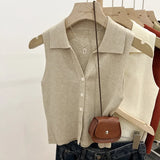 DERMEARNE Summer Chic Ice Silk Knitpolo Lapel Thin Slims You And Smooths Your Silhouette Tank Outer Wear Vest Women's Shoulder Vest No Sle