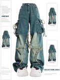Dermearne Women Blue Cargo Jeans Baggy Vintage 90s Aesthetic High Waist Cowboy Pants Harajuku Denim Trousers Y2k Trashy 2000s Clothes 2024