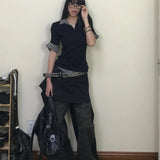 DERMEARNE High End Luxury French Fake Two Piece Pullover Harajuku Punk Spliced Color Design Women Shirts Slim Fit Y2k Aesthetic Tops