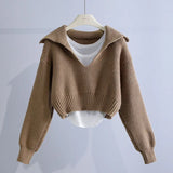 Retro Fashion Sweater Set for Women's Autumn/Winter New Deep V Flip Collar Pullover Sweater with Tank Top Two Piece Set